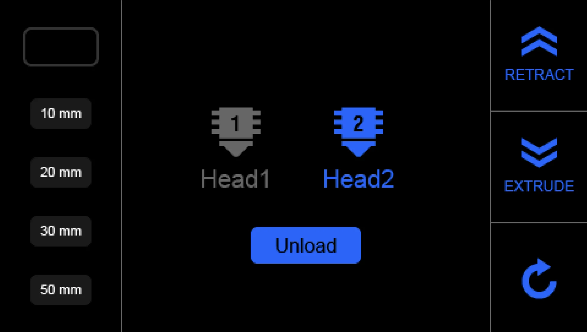 Creatbot D600 Pro interface displays Head1 and Head2 options, retract, extrude buttons, millimeter increments, and unload function.