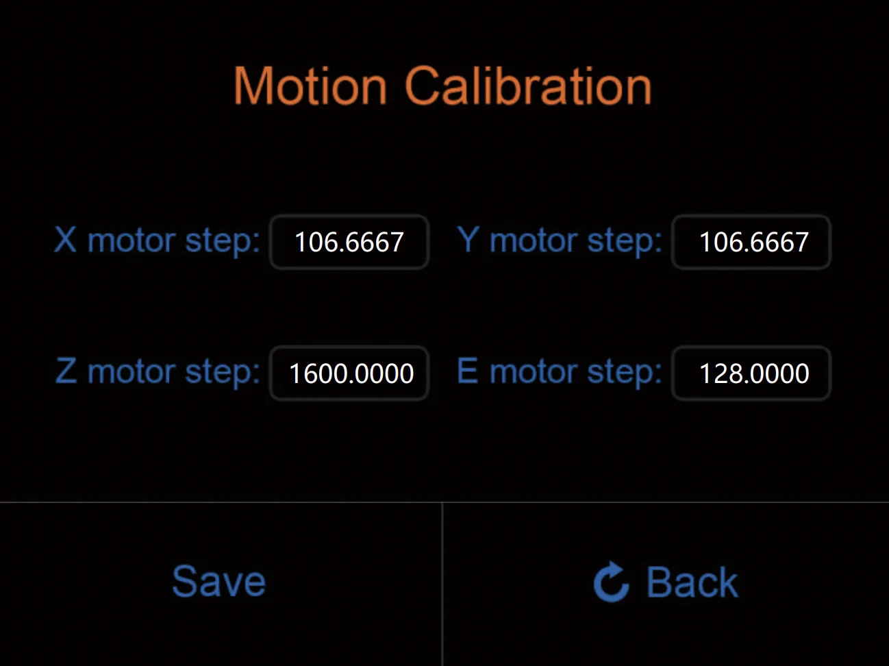 Motion calibration screen for the Creatbot D600 Pro showing X, Y, Z, E motor step values and options to save or go back.