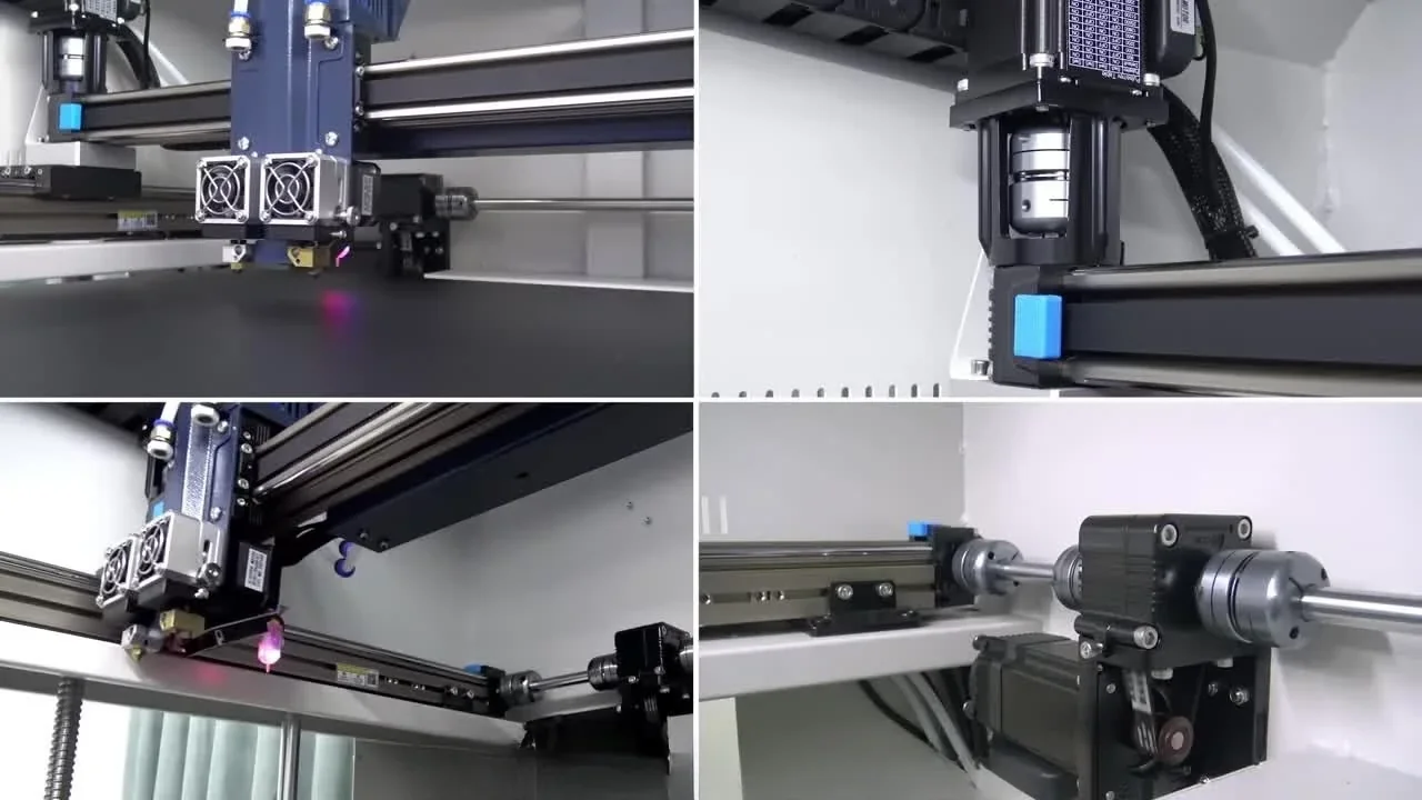 Creatbot D600 Pro 3D printer showcasing detailed mechanisms and components for precision printing; multiple angles highlighting advanced features.