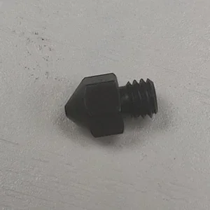 Black 3D-printed sample part with a pointed tip and threaded end, likely created with the CreatBot D600 Pro printer on a light surface.
