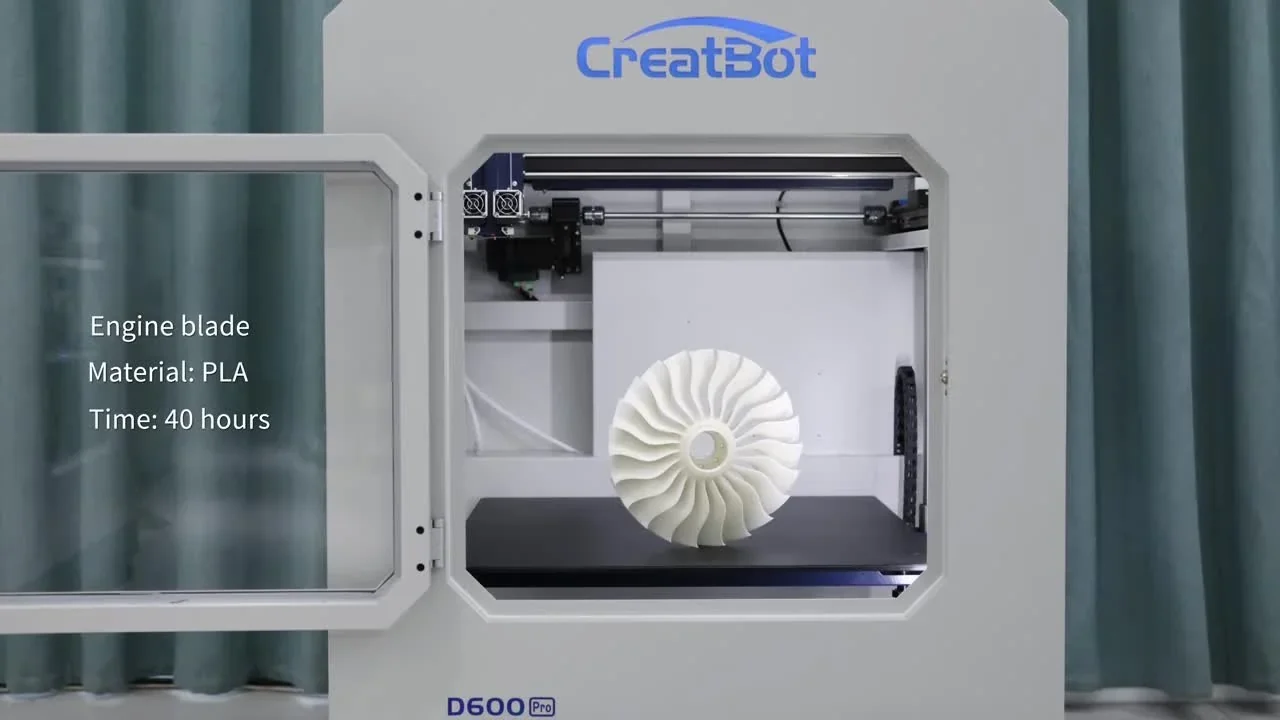 Creatbot D600 Pro 3D printer with an engine blade made of PLA, showcased in an open chamber for 40 hours.