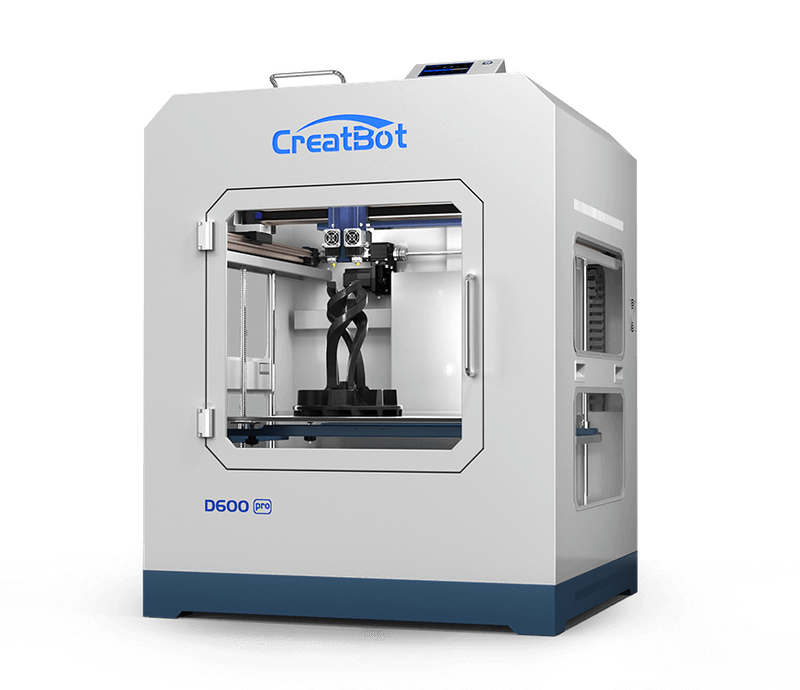 Creatbot D600 Pro 3D printer with dual extruders inside its enclosed frame, printing a black structure, featuring branding on top.