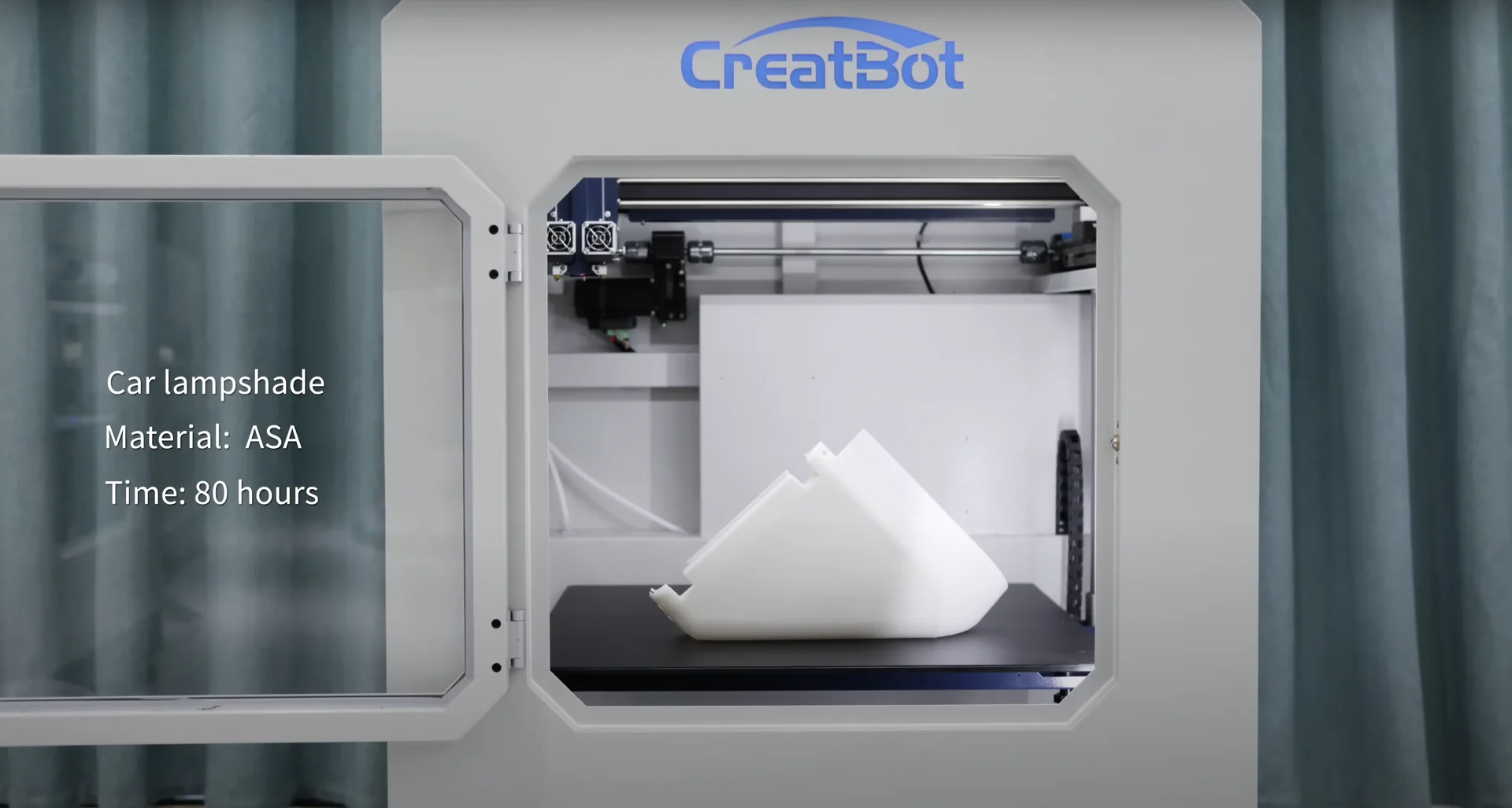 Creatbot D600 Pro 3D printer with a white car lampshade sample, made from ASA material, printed in 80 hours; Creatbot branding visible.