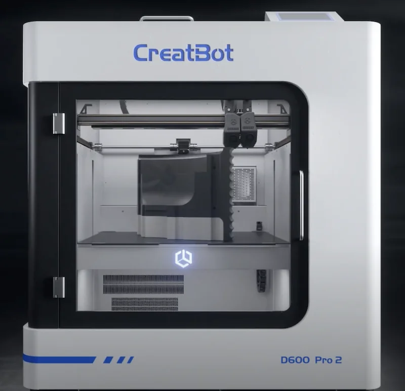 CreatBot D600 Pro2 HS 3D printer with sleek design, clear enclosure, visible extruder, and control panel for creating precise parts and samples.