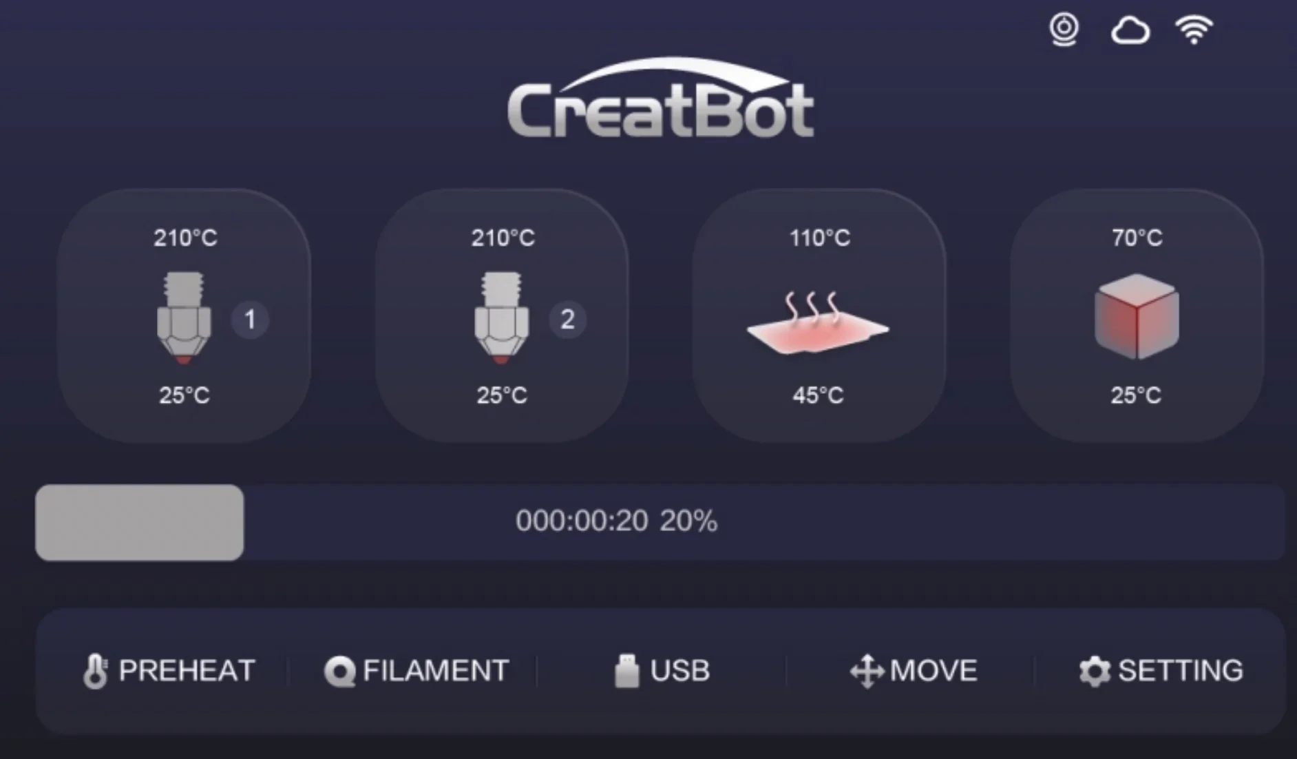 CreatBot D600 Pro2 HS interface displays nozzle, platform status, temperatures, and progress. Options include preheat, filament, USB, move, settings.