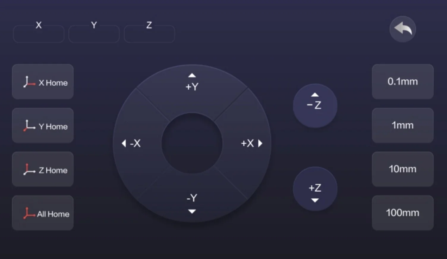 Creatbot D600 Pro2 HS control panel interface showing axis controls, directional buttons, and home settings for precise 3D printing operations.
