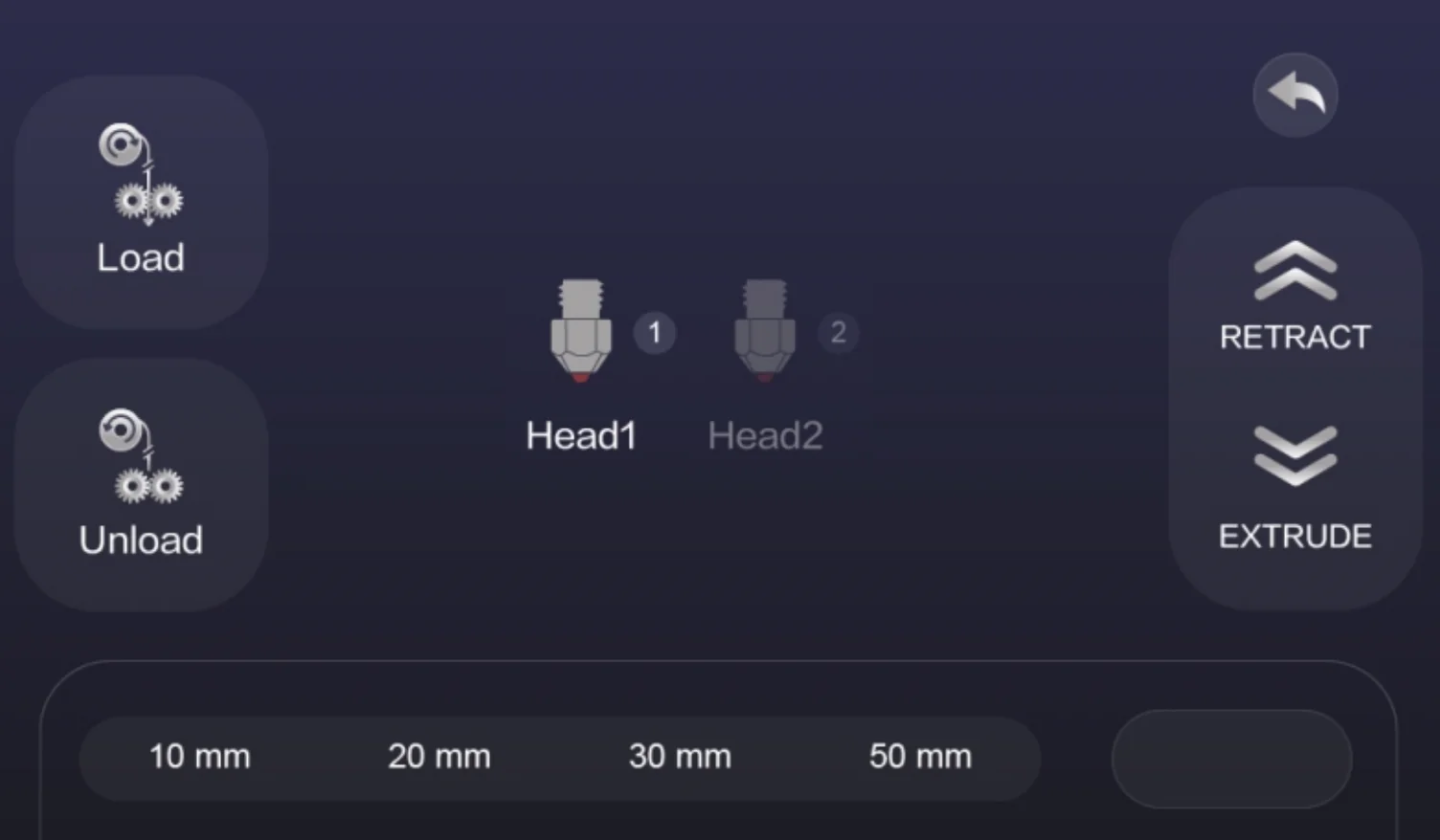 Creatbot D600 Pro2 HS interface with dual nozzles, load/unload buttons, and extrusion control, featuring nozzle head options and precise settings.