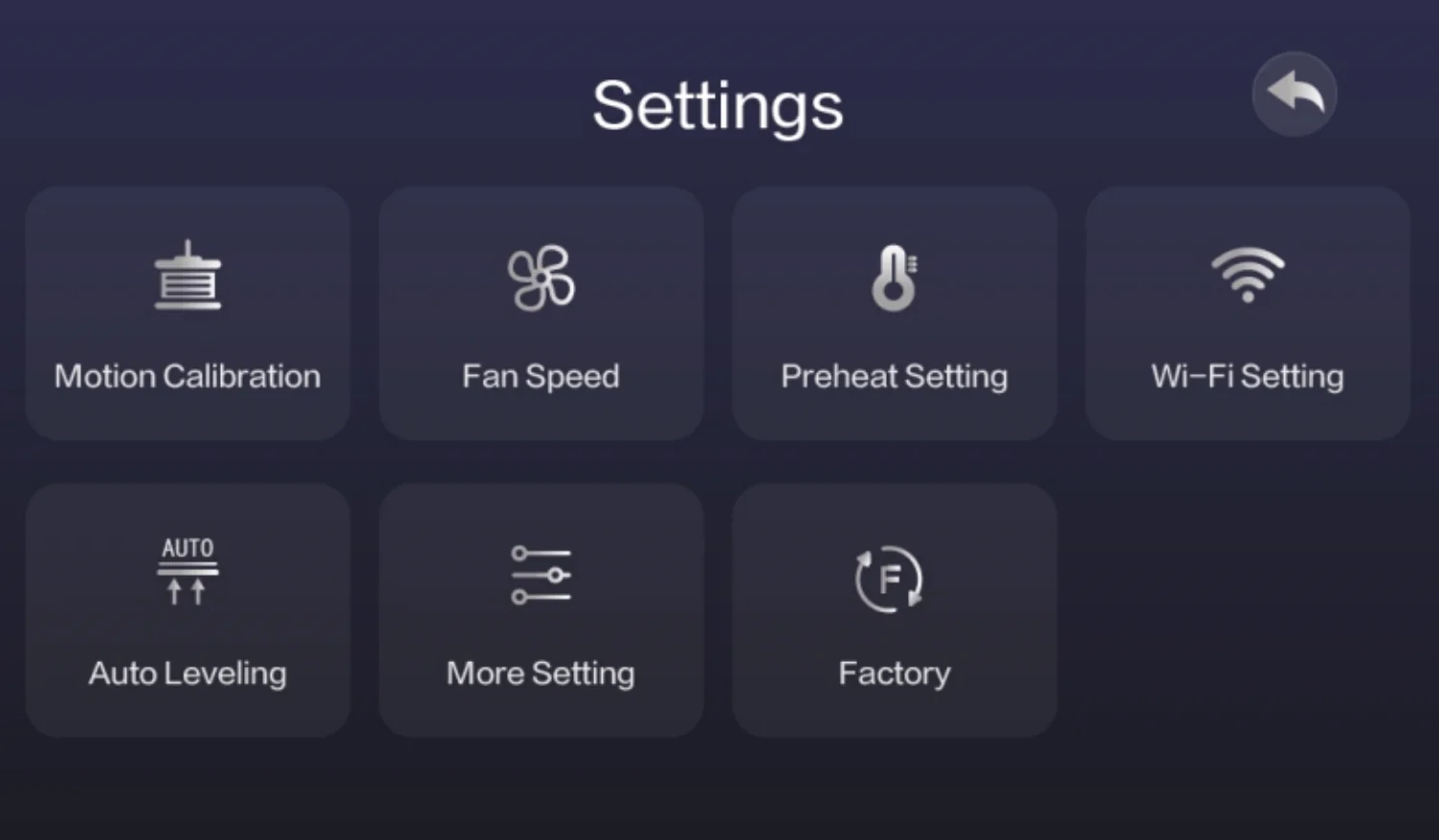 3D printer Creatbot D600 Pro2 HS settings interface showing options for motion calibration, fan speed, preheat, Wi-Fi, leveling, and factory reset.