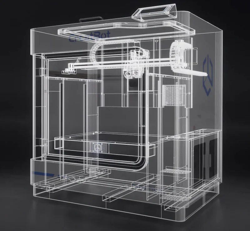 Transparent diagram of Creatbot D600 Pro2 HS 3D printer structure, displaying internal components and design elements.