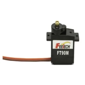 Servo motor with label "Feetech FT90M", black casing, orange wire, against white backdrop.