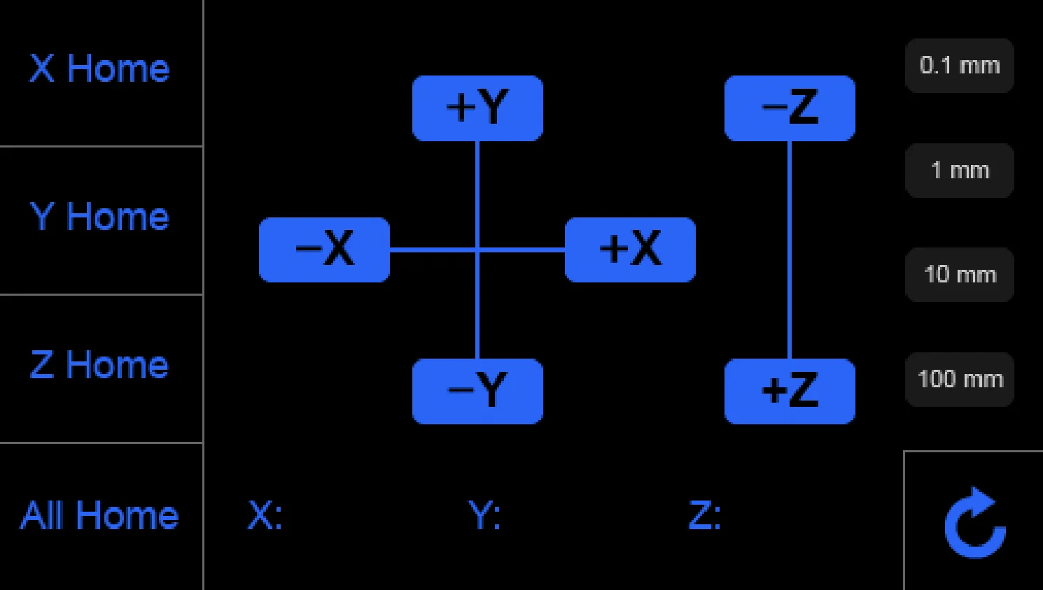 Creatbot F160 interface showing movement controls for X, Y, Z axes with home buttons. Signs for movement increments: 0.1mm, 1mm, 10mm, 100mm.