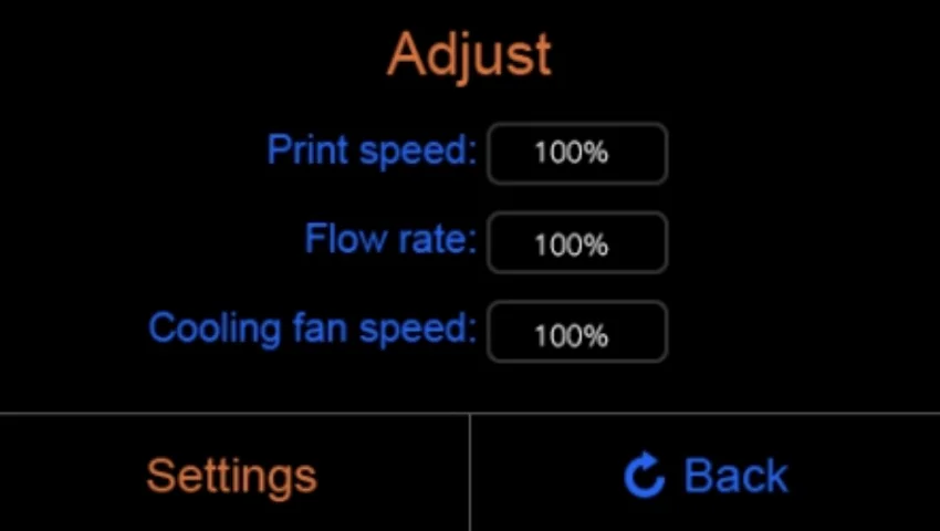 3D printer control panel showing print speed, flow rate, and cooling fan speed settings at 100% for Creatbot F160.