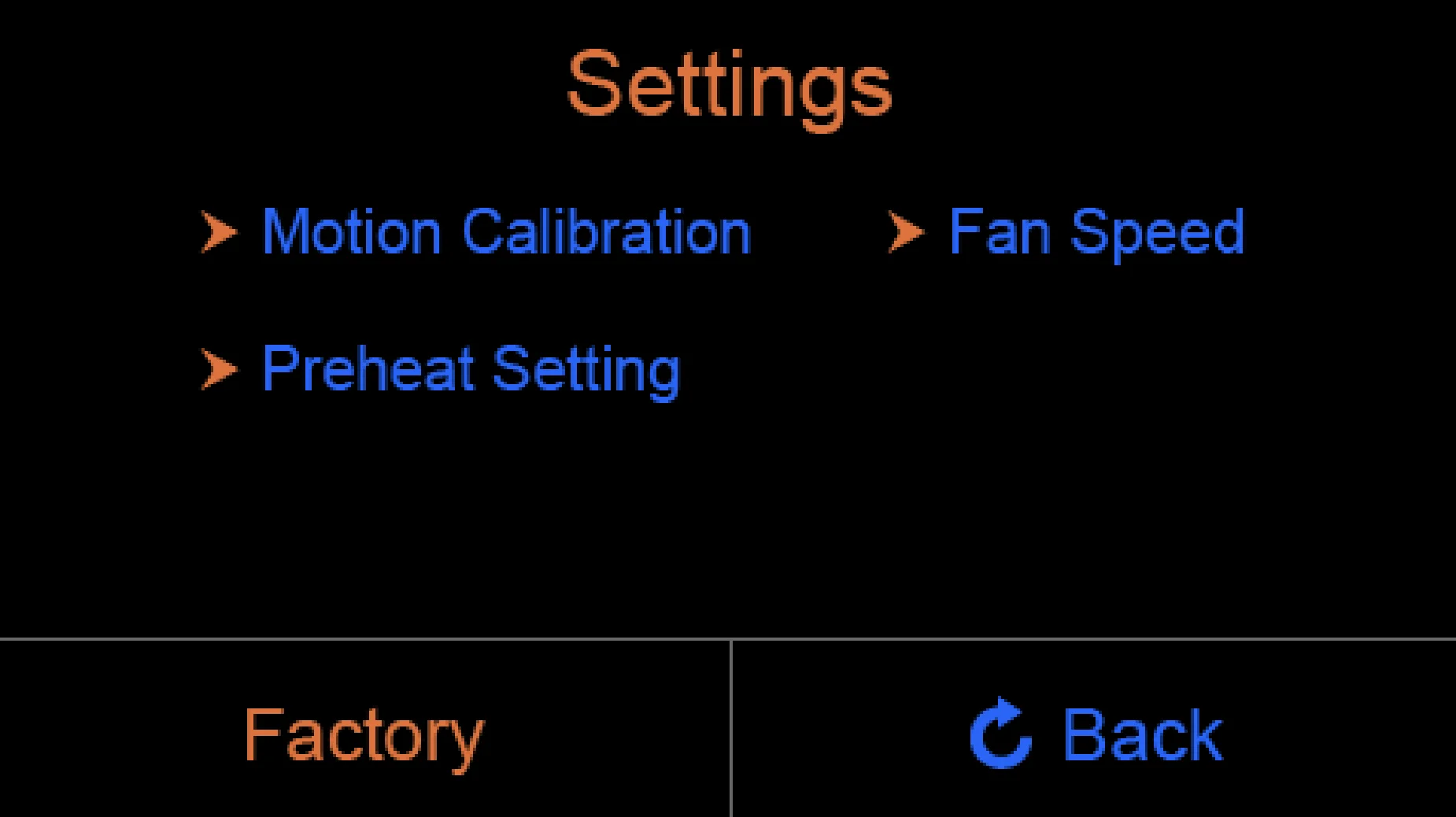Creatbot F160 settings screen showing options like motion calibration, fan speed, and preheat setting. Visible buttons for factory reset and back navigation.