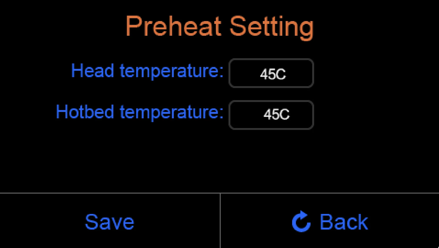 Creatbot F160 display shows preheat settings: head and hotbed temperatures set to 45°C. Options to save or go back are visible.
