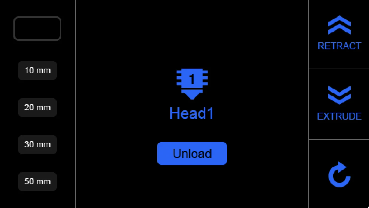 Creatbot F160 3D printer UI showing options: Head1, Unload, Extrude, Retract, and movement settings in millimeters for precise extrusion control.