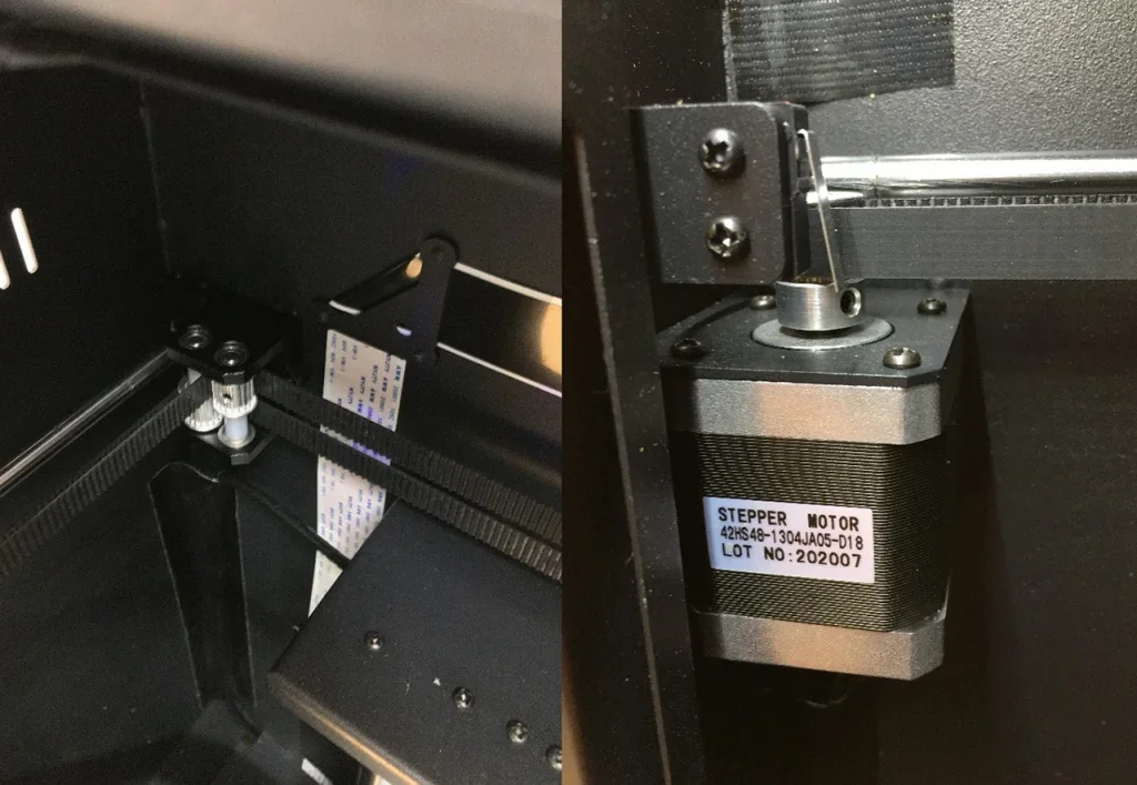 Creatbot F160 internal components showing stepper motor and belt drive mechanism, highlighting precision engineering and build quality details.