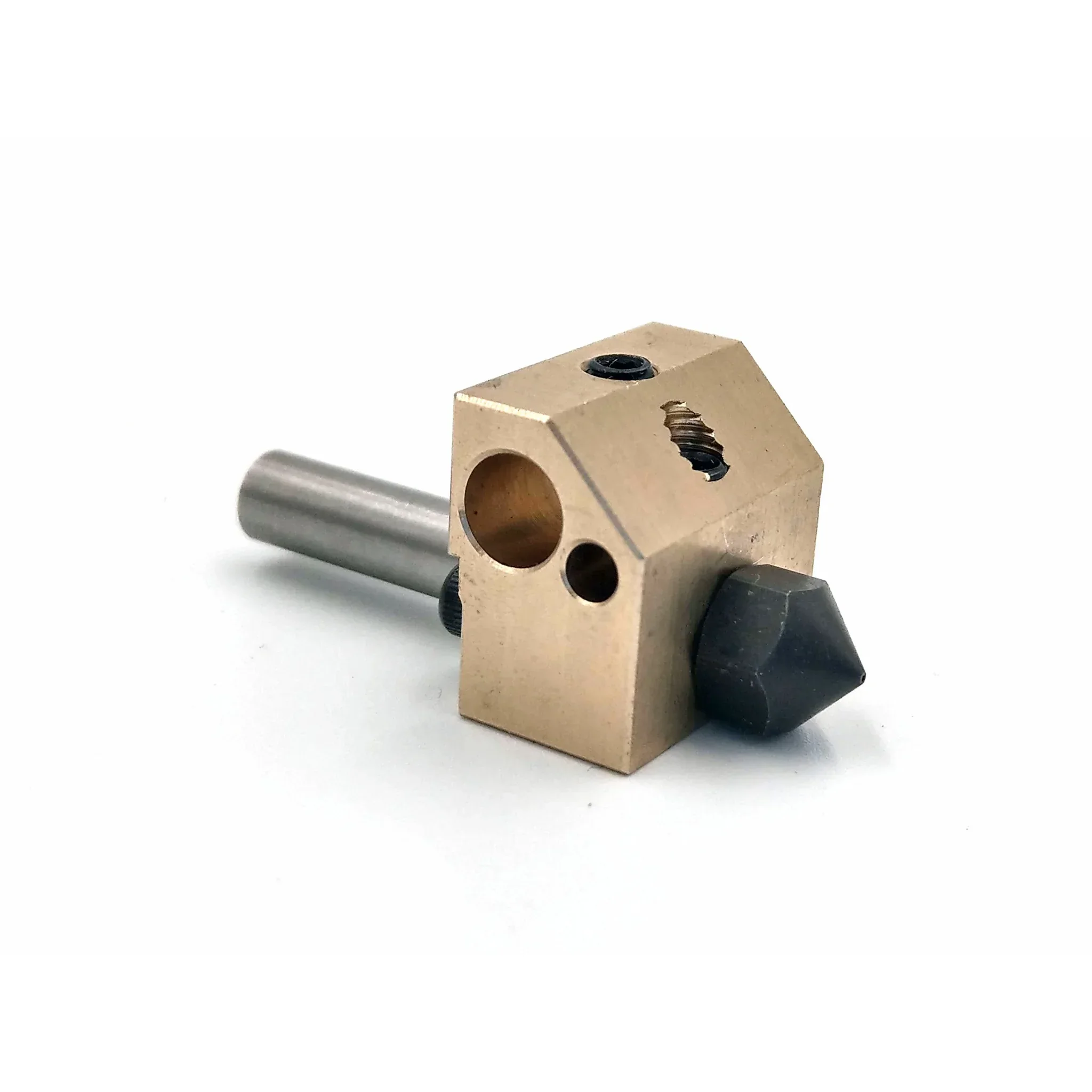 Gold metallic part for Creatbot F160 3D printer with cylindrical and angular features, placed on a white surface, showcases precise manufacturing.
