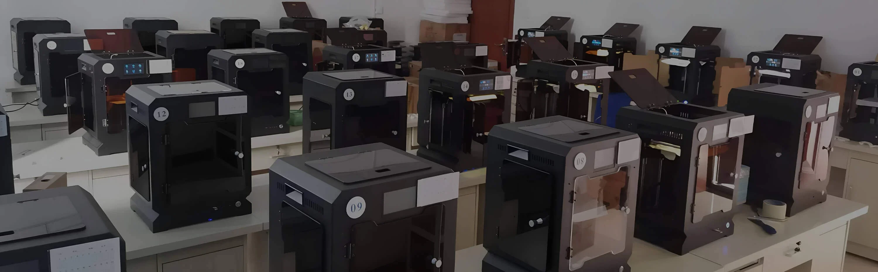 Multiple Creatbot F160 3D printers on tables in a workshop setting, each with visible control panels, designed for efficient printing of various parts.