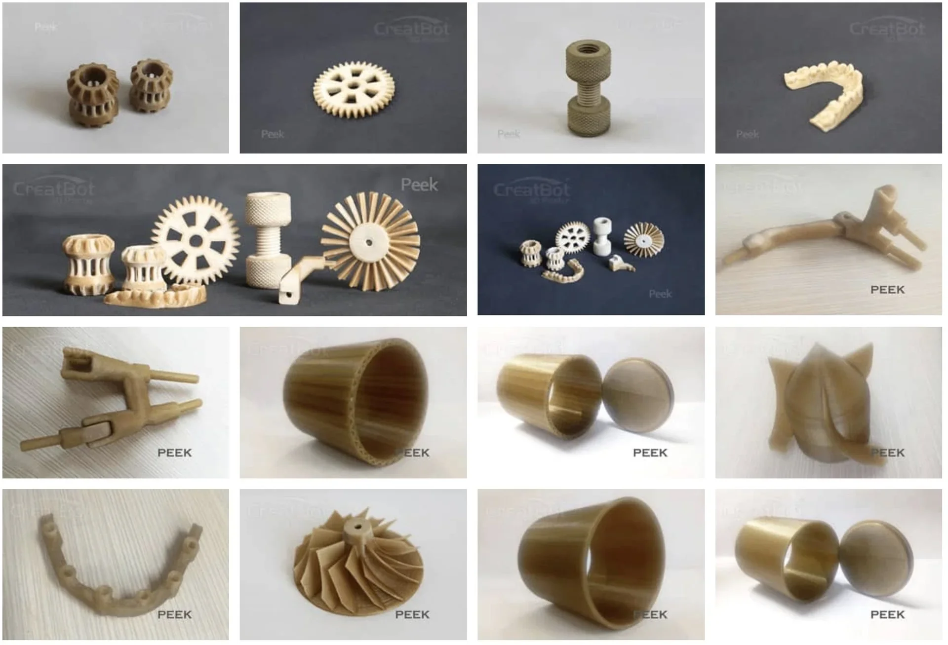 Samples of gears, cylinders, and mechanical parts created by Creatbot F160 3D printer using PEEK material, showcasing precision and variety in design.