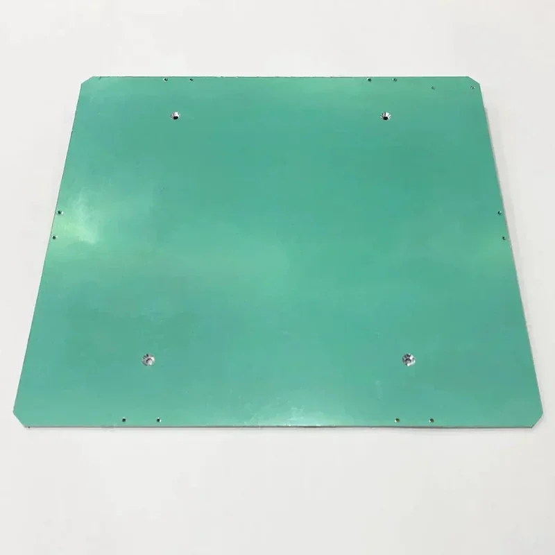 Green metal print bed for Creatbot F160 3D printer with multiple screw holes, set against a white background.