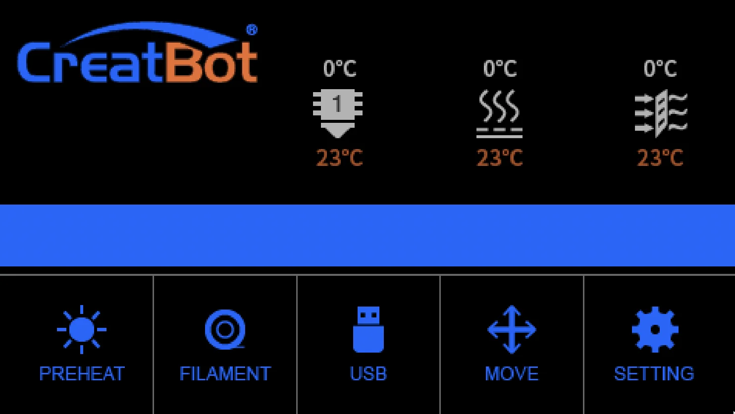 CreatBot F160 display showing temperature controls and icons for preheat, filament, USB, move, and setting options, with branding at the top.
