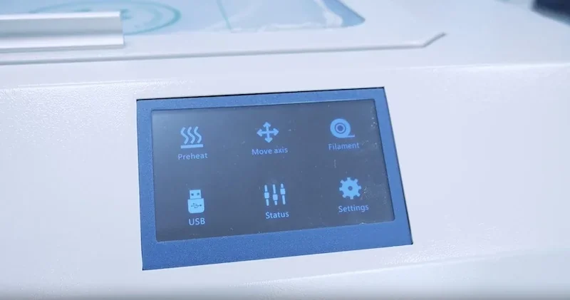 Creatbot F430 3D printer touchscreen showing preheat, move axis, filament, USB, status, and settings options in a user interface panel.