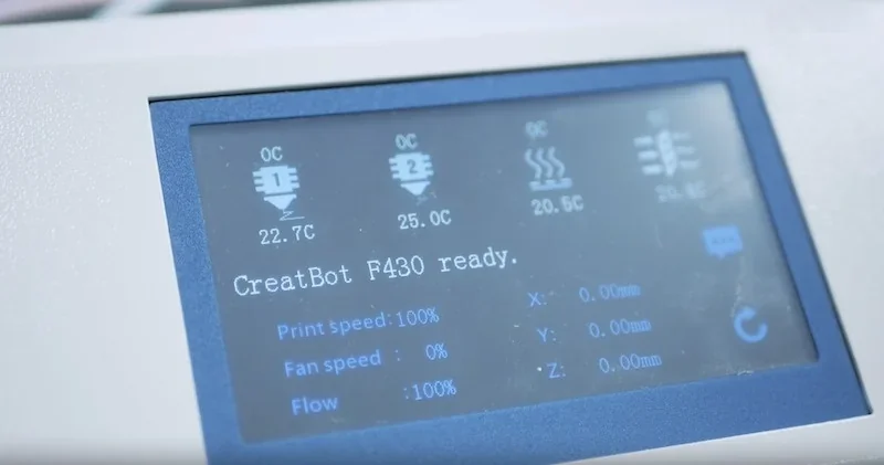 CreatBot F430 screen displaying temperatures and printing status, labeled "CreatBot F430 ready," with print and fan speeds at 100% and 0%.