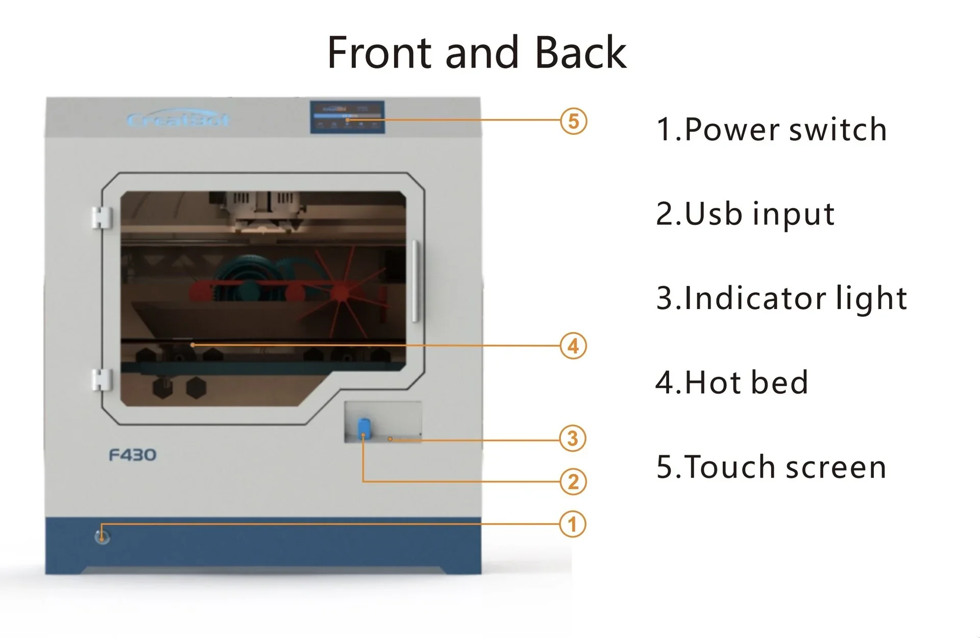 Creatbot F430 3D printer front view with touch screen, USB input, power switch, indicator light, and hot bed, showcasing internal parts.