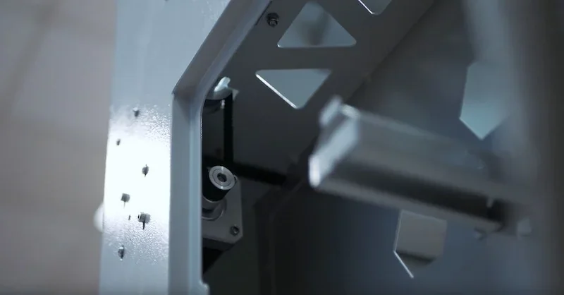 Creatbot F430's internal structure showing intricate metallic components and triangular design elements, highlighting advanced engineering detail.