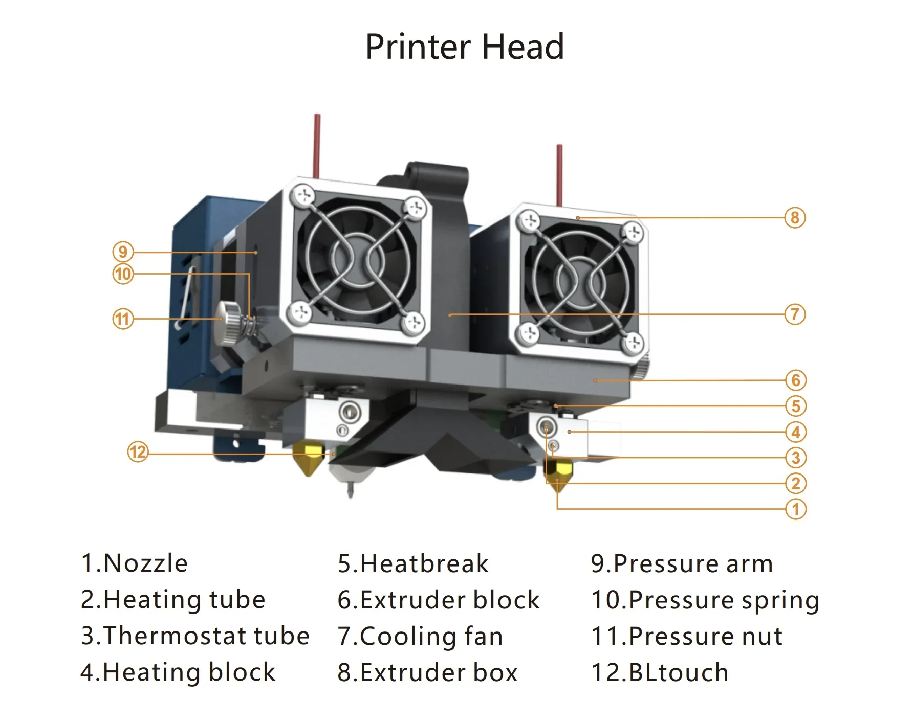 Creatbot F430 printer head detailed diagram showcasing nozzle, heating tube, thermostat, cooling fan, and BLtouch elements for efficient 3D printing.