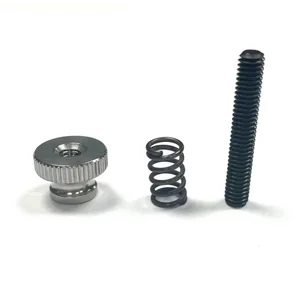 Metal parts including a threaded knob, a spring, and a pin, all 3D printed by the Creatbot F430.