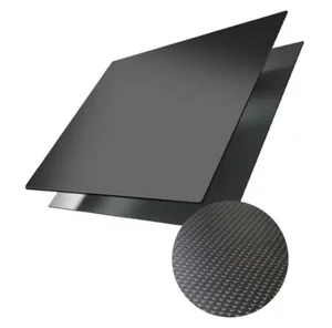 Two black build plates for the Creatbot F430 3D printer with a textured surface detail in a circular inset, showcasing their carbon fiber pattern.