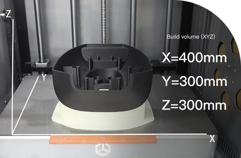 Creatbot F430 NX 3D printer showing a printed part with a build volume of X:400mm, Y:300mm, Z:300mm.