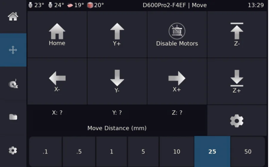 Touchscreen interface for controlling Creatbot F430 NX 3D printer, showing movement controls for axes and motor disable option.