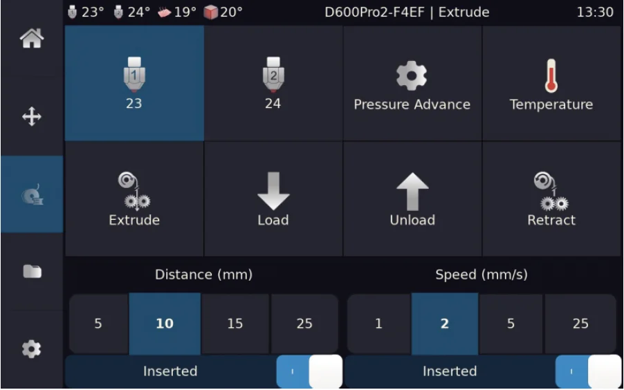 3D printer interface displays controls for the Creatbot F430 NX, including extrusion, load/unload, temperature settings, and speed options.
