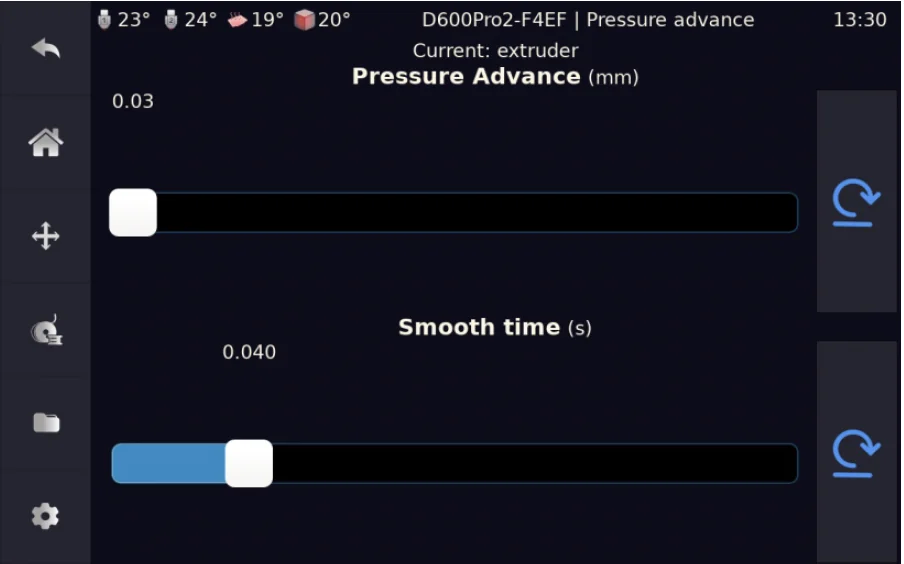 Pressure Advance and Smooth Time settings interface for Creatbot F430 NX, showing adjustable sliders and numerical values on a blue and black screen.