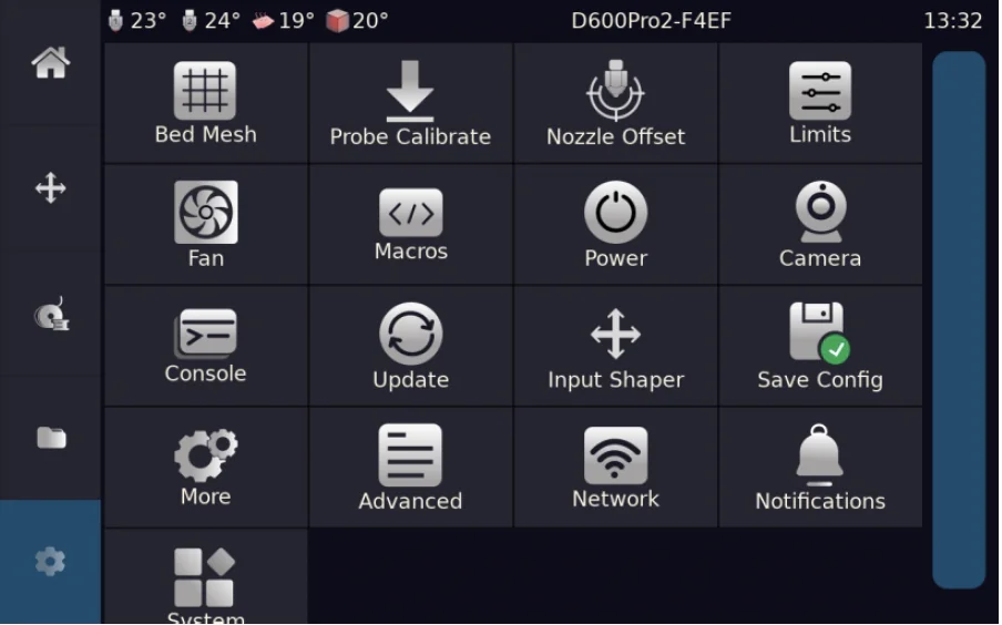 Control interface screen for 3D printer with various options like Bed Mesh, Probe Calibrate, Camera; compatible with CreatBot F430 NX operations.