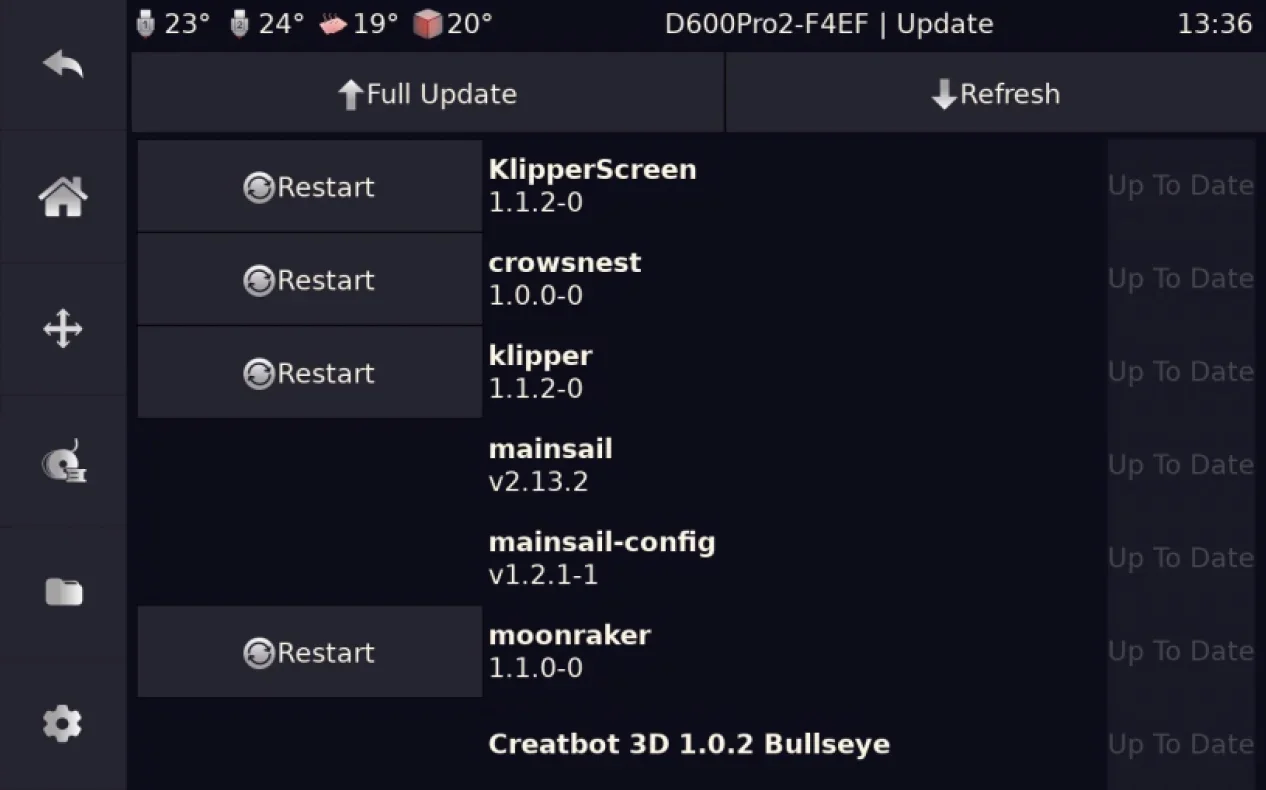 Software interface showing print components and version details for 3D printing with Creatbot F430 NX, highlighting updates and configurations.