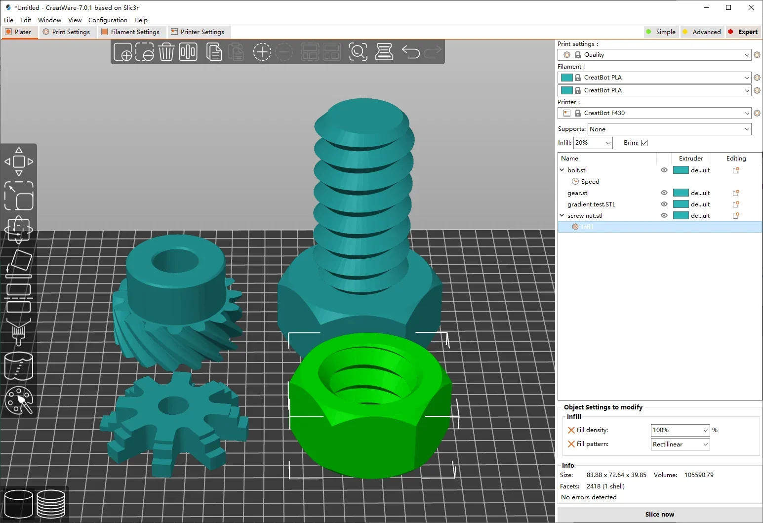 3D model of bolts and gears in CreatWare software, showcasing parts designed for print with Creatbot F430 NX printer.