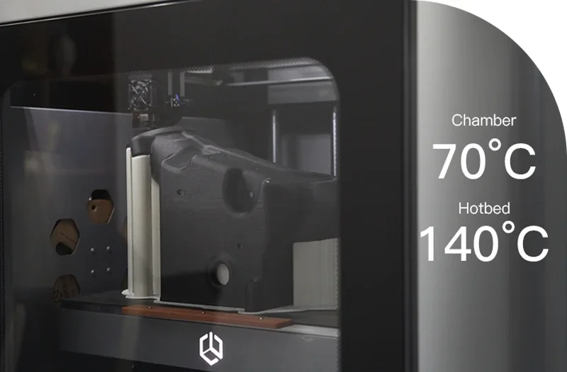 Creatbot F430 NX 3D printer with printed part inside, chamber at 70°C, hotbed at 140°C, features branding logo on display panel.