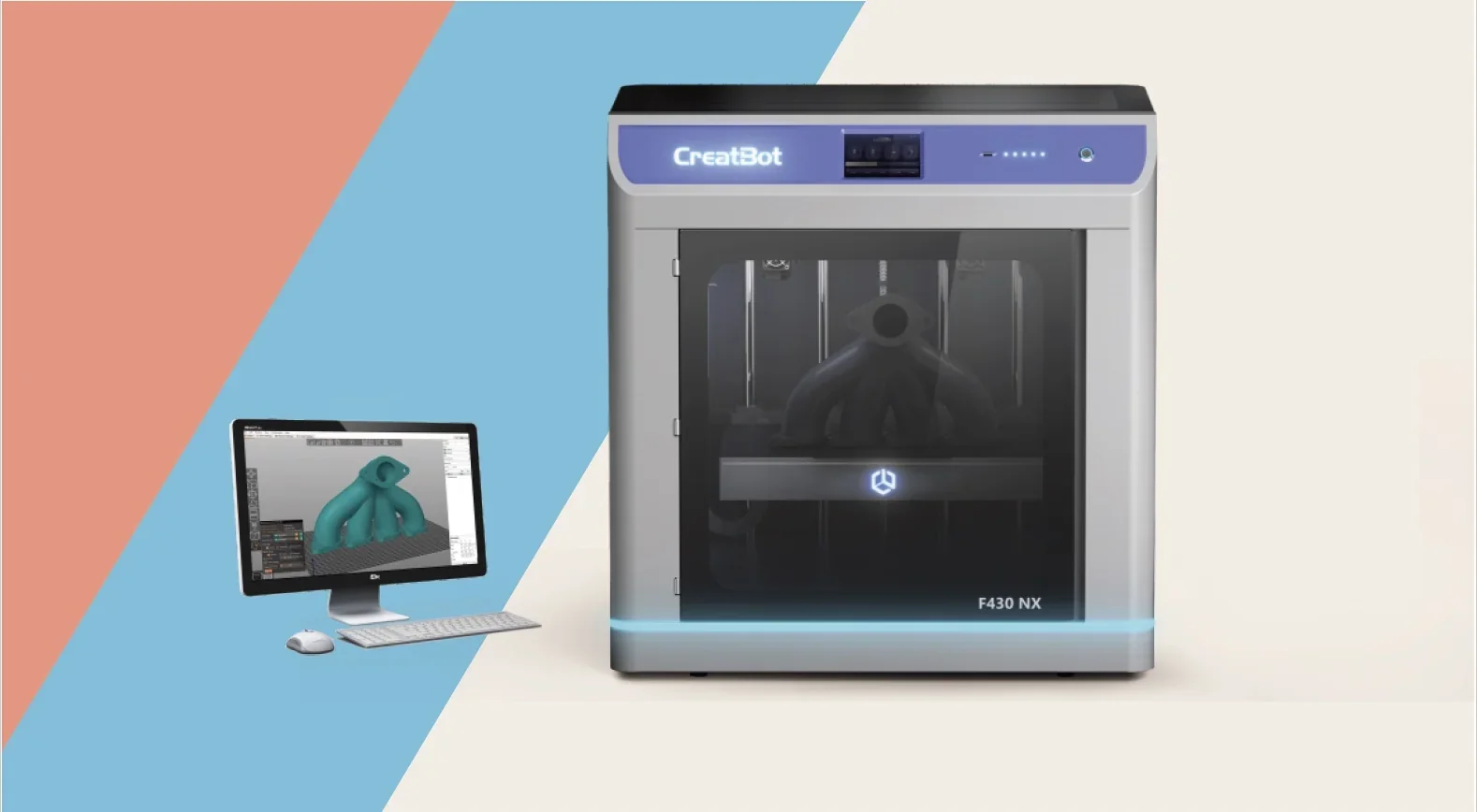 CreatBot F430 NX 3D printer with digital interface, producing a curved object, next to a desktop display showing the design, set against a colored background.