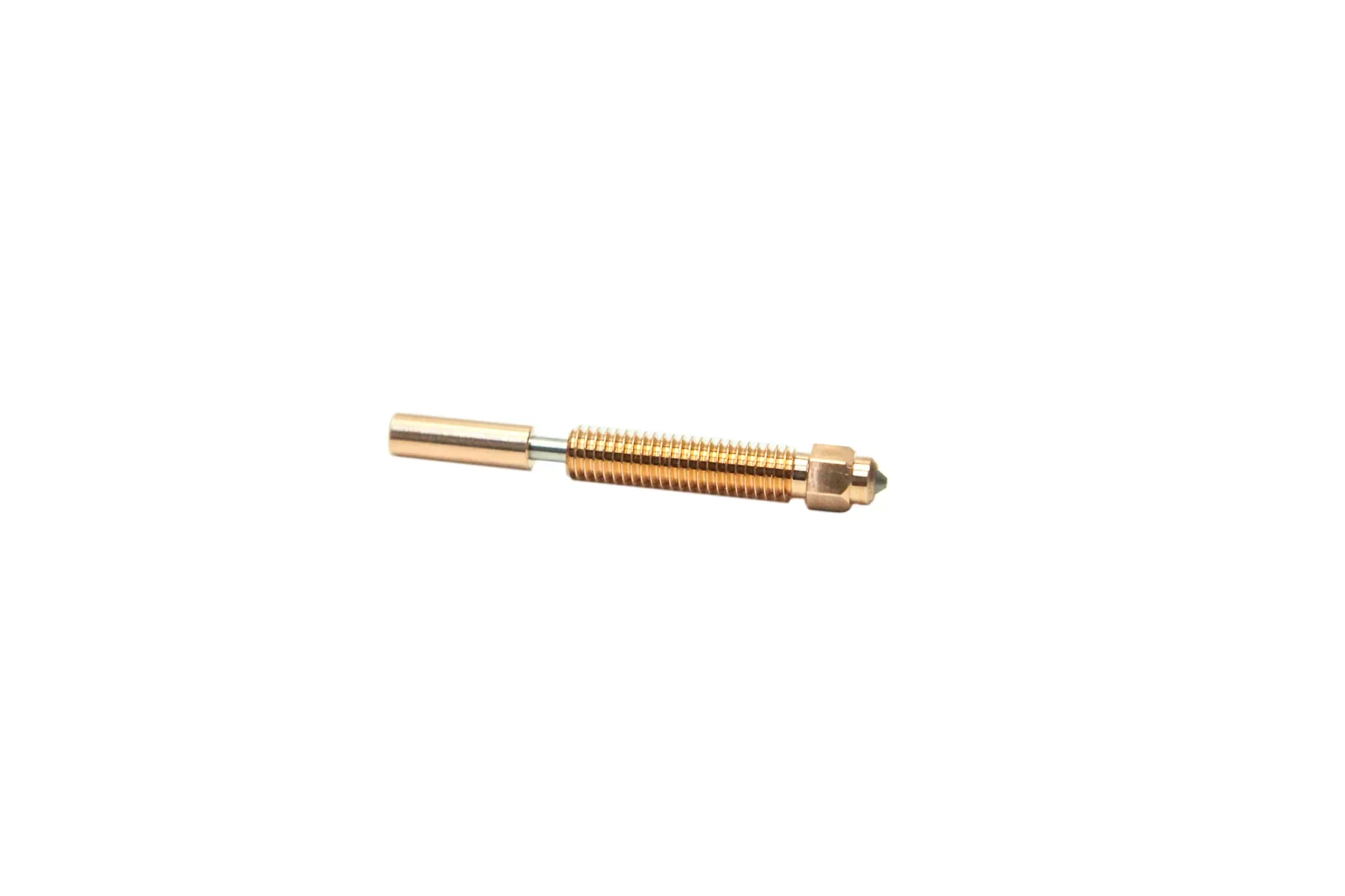 Copper nozzle part produced by Creatbot F430 NX, showcasing precise threading and design, isolated on a white background.