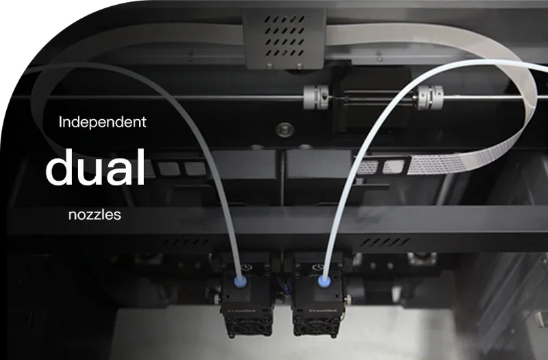 Creatbot F430 NX 3D printer features independent dual nozzles for precise printing, enhancing versatility and efficiency.