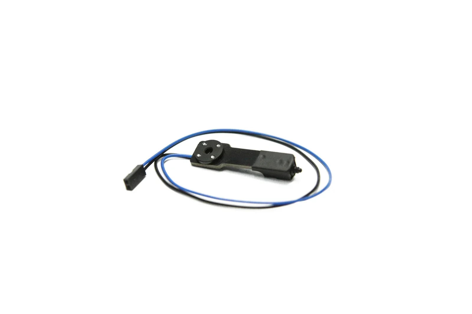 Black plastic part with blue wire, 3D printed by Creatbot F430 NX, lying on white background, showcasing precise detailing and craftsmanship.