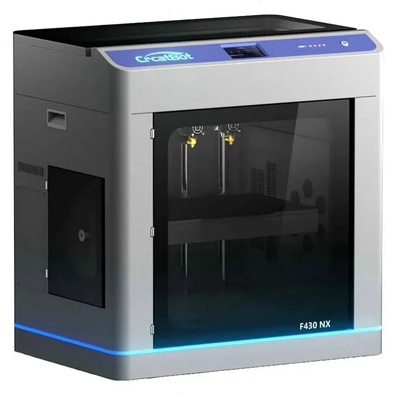 CreatBot F430 NX 3D printer with dual extruders in a sleek design, displaying interior build space through transparent front panel, branded on top.