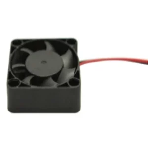 Small black cooling fan with red wire, likely a part created by the creatbot f430 nx 3D printer.