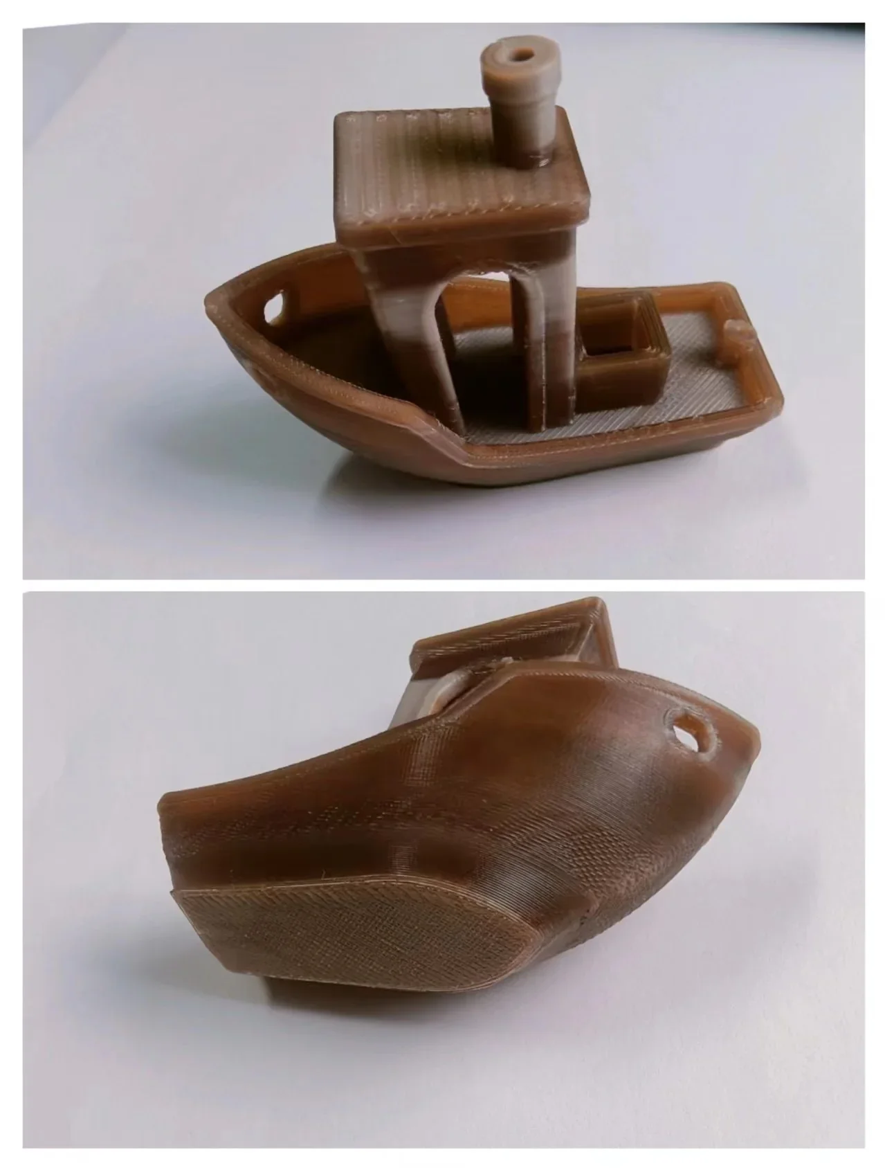 3D-printed brown boat model viewed from different angles, created by Creatbot PEEK-250, showcasing smooth surface details and precision.