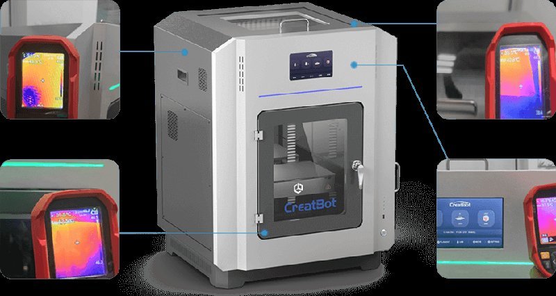 The creatbot PEEK-250 3D printer is pictured with a robust metal frame and a transparent front door displaying the "CreatBot" logo. The printer has a digital control panel on the top front for intuitive operation. Multiple insets show thermal imaging views, illustrating the printer’s heat management capabilities. This setting is likely in a technical or industrial environment, showcasing the precision and technology of the creatbot PEEK-250.