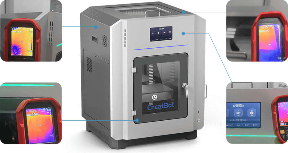 CreatBot PEEK-250 3D printer with infrared heat monitoring displays, control panel, and branding, featuring parts created by the printer.