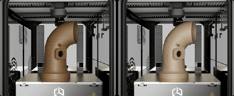 Two identical 3D printed parts, resembling complex industrial components, are displayed inside the CreatBot PEEK-250 3D printer. The parts are printed in a brown material, showcasing the printer’s capability to produce high-detailed engineering pieces. The interior of the printer is visible, featuring a sturdy metal build with ventilation grilles and a heating element, hinting at its high-temperature printing capabilities.